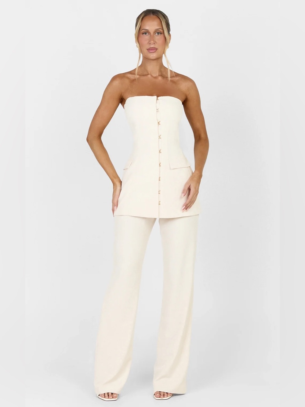NWT SHOWPO SEINA TWO PIECE TOP PANTS SET Cream Tailored Jumpsuit STRAPLESS POLLY